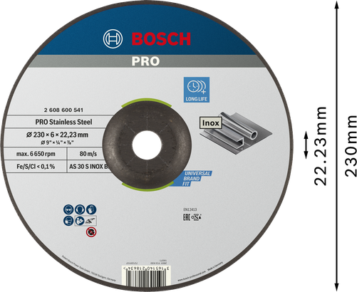Disco de desbaste de acero inoxidable Bosch PRO de 230 mm.